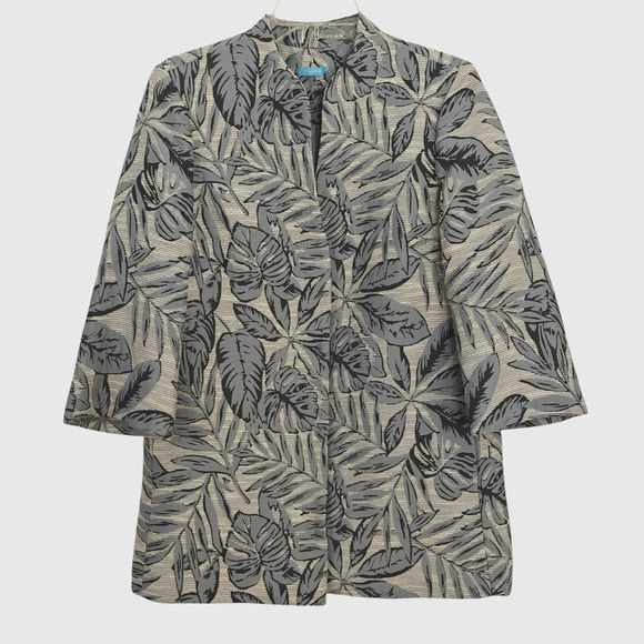 J. McLaughlin Brienne Snap Front Jacket Sz Small Indigo Blue Palm Leaves Pockets - Picture 2 of 7